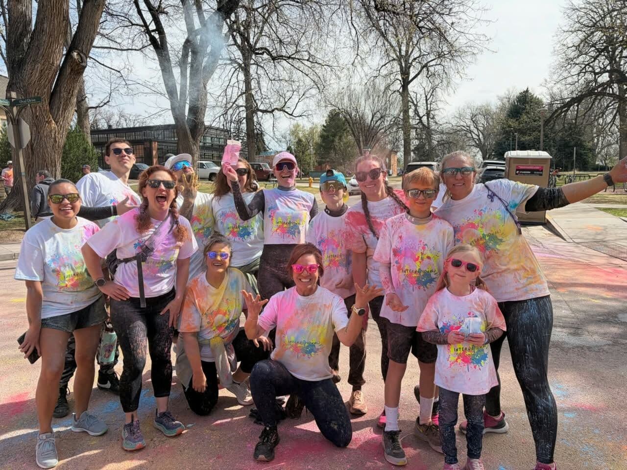 Group covered in color powder after a color run